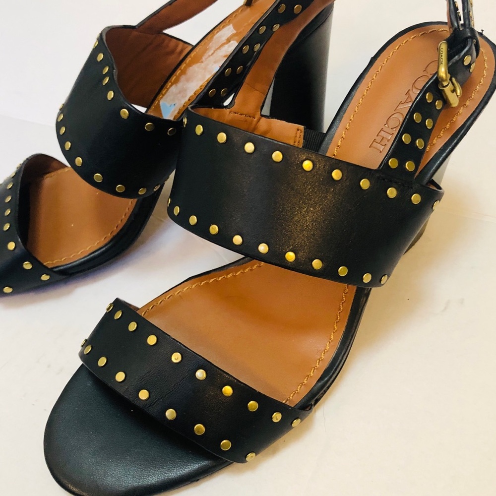 Coach Rylie Heel Sandals Black w Brass Studs Size 10 - Never Worn 3.5” Heels